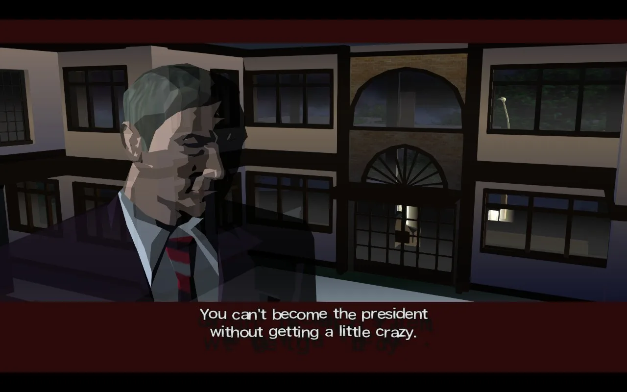 A grey-haired man in a suit outside a building at night: 'You can't become the president without getting a little crazy.'