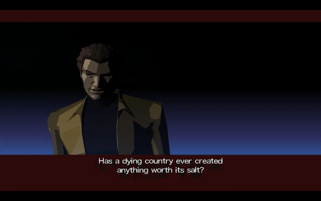 A man in a tan jacket looks down: 'Has a dying country ever created anything worth its salt?'