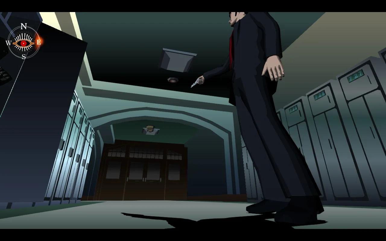 Gameplay: a man in a black suit and red tie with a pistol walks down a corridor of lockers