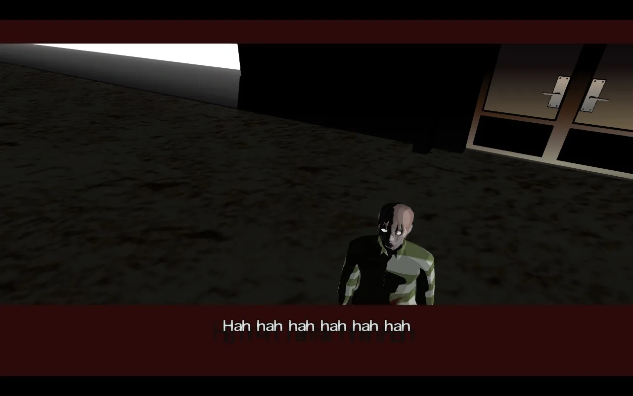 A small figure with glowing eyes in a striped shirt: 'Hah hah hah hah hah hah'
