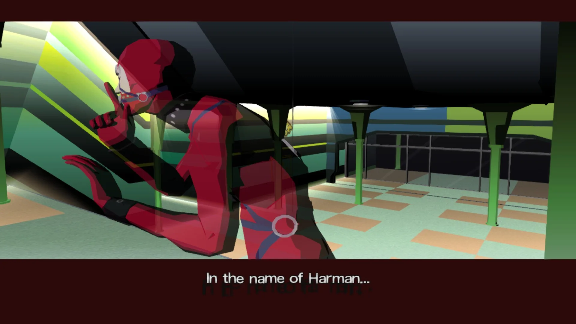 A figure in a red bodysuit leans forward, finger to lips: 'In the name of Harman...'