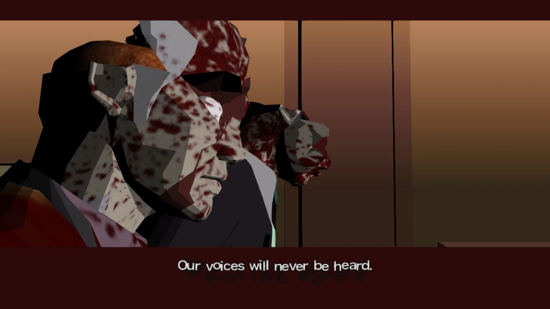 Two blood-spattered men in close-up, one missing the top of his head and the other with his brain showing: 'Our voices will never be heard.'