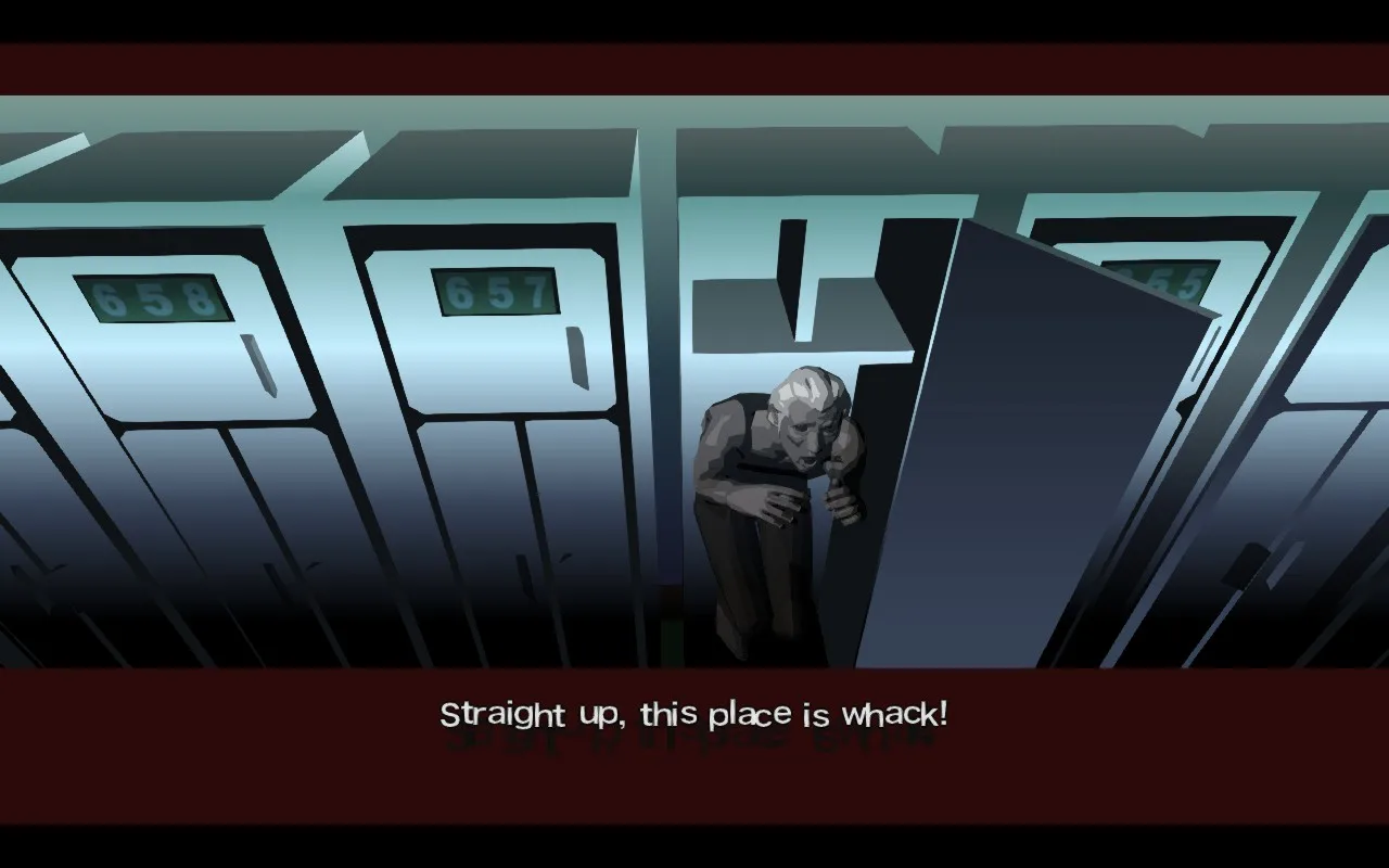 A man stands hunched inside an open locker: 'Straight up, this place is whack!'