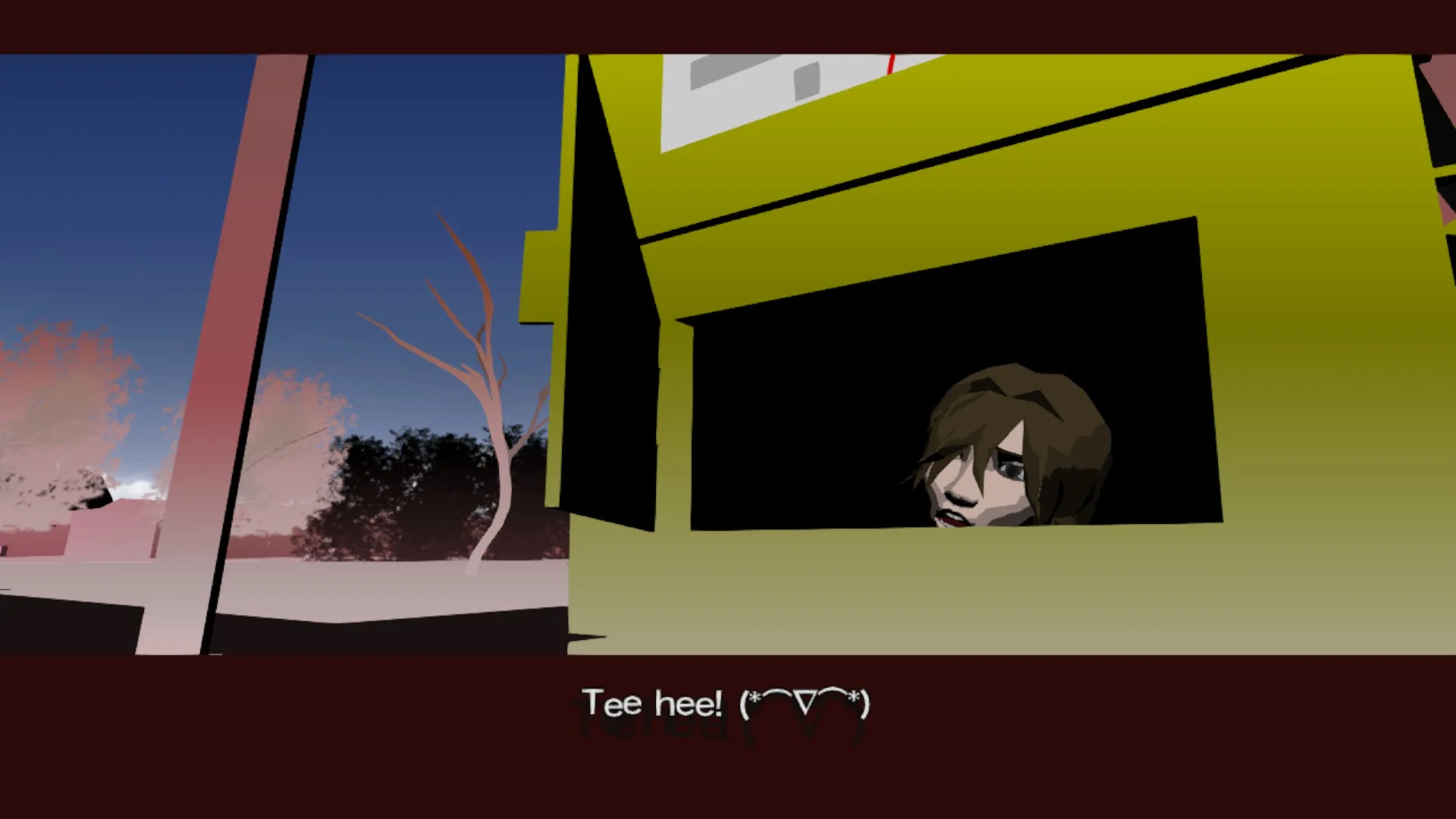 A face peers out of a small yellow locker: 'Tee hee! (*⌒▽⌒*)'